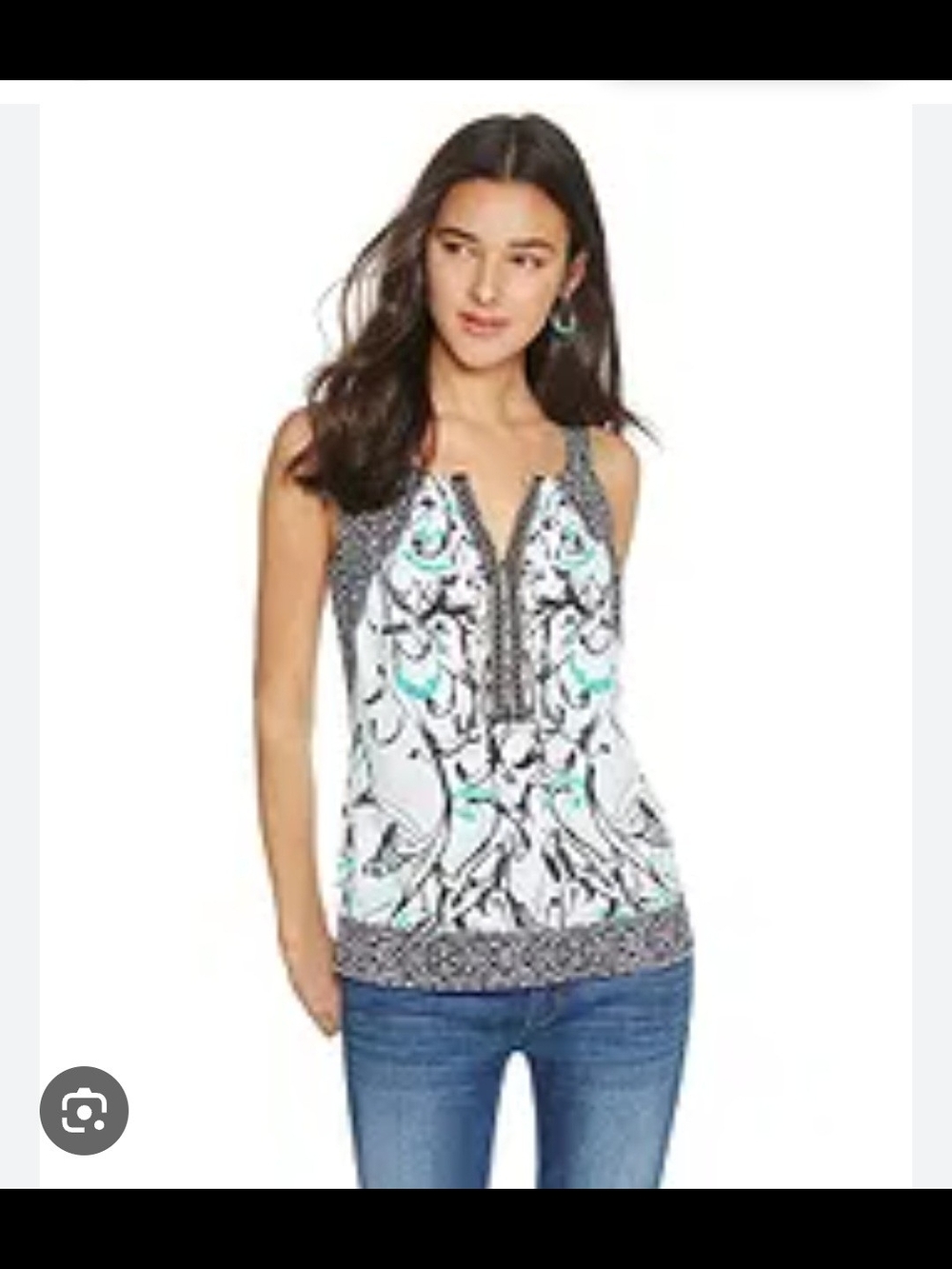 White House Black Market White, Black & Teal Sleeveless V-Neck Top. Size Small